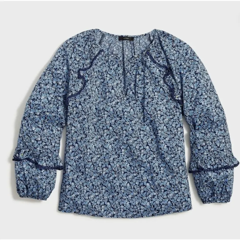 J. Crew Printed Ruffle Peasant Top Boho Lightweight Relaxed Preppy Cottage XS